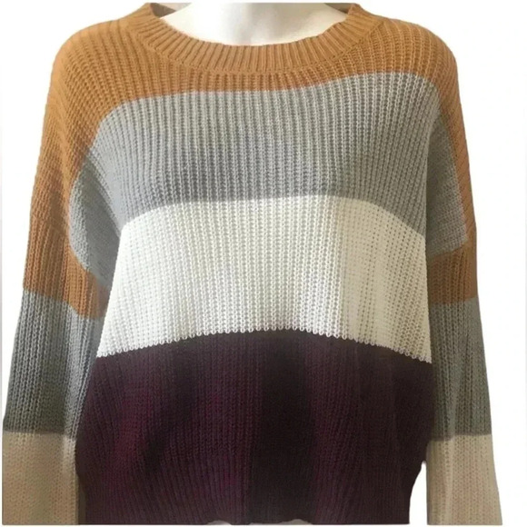 Knit Sweater cropped burgundy orange white grey stripe size M medium Ambiance - Picture 1 of 7
